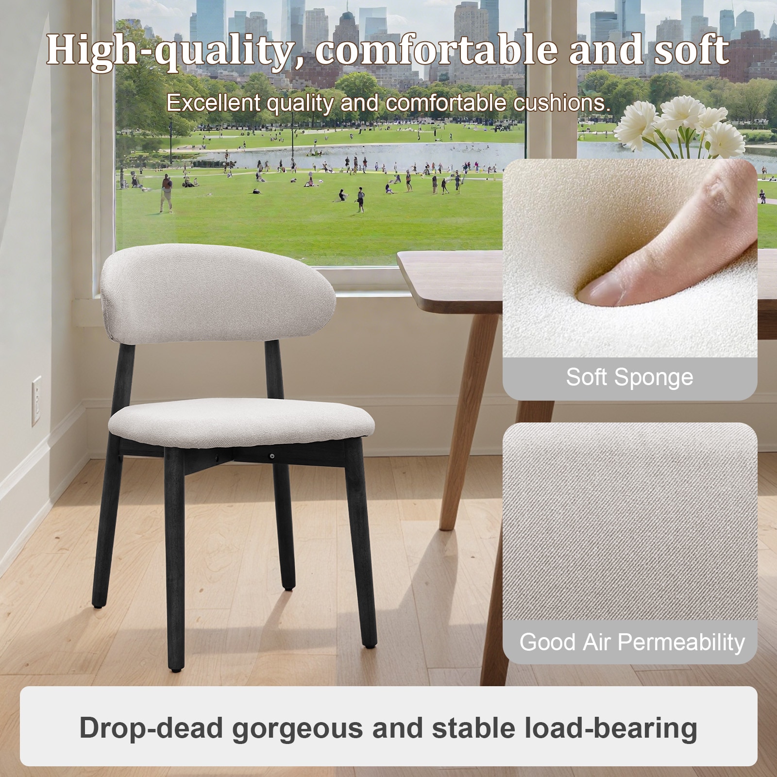 Linen Grey Cotton-Linen Fabric Upholstered Dining Chair With Black Solid Wood Legs, Armless Chair Set Of 4 For Kitchen, Restaurant, Living, Meeting Room_maomaolike.com